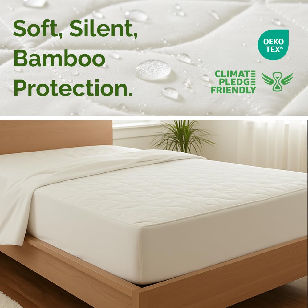Waterproof Cooling Mattress Protector - Mattress Cover Queen Size - Viscose Made From Bamboo - Soft, Breathable, Noiseless & Washable - Fitted Sheet Style & All Round Protection - (60" x 80") White