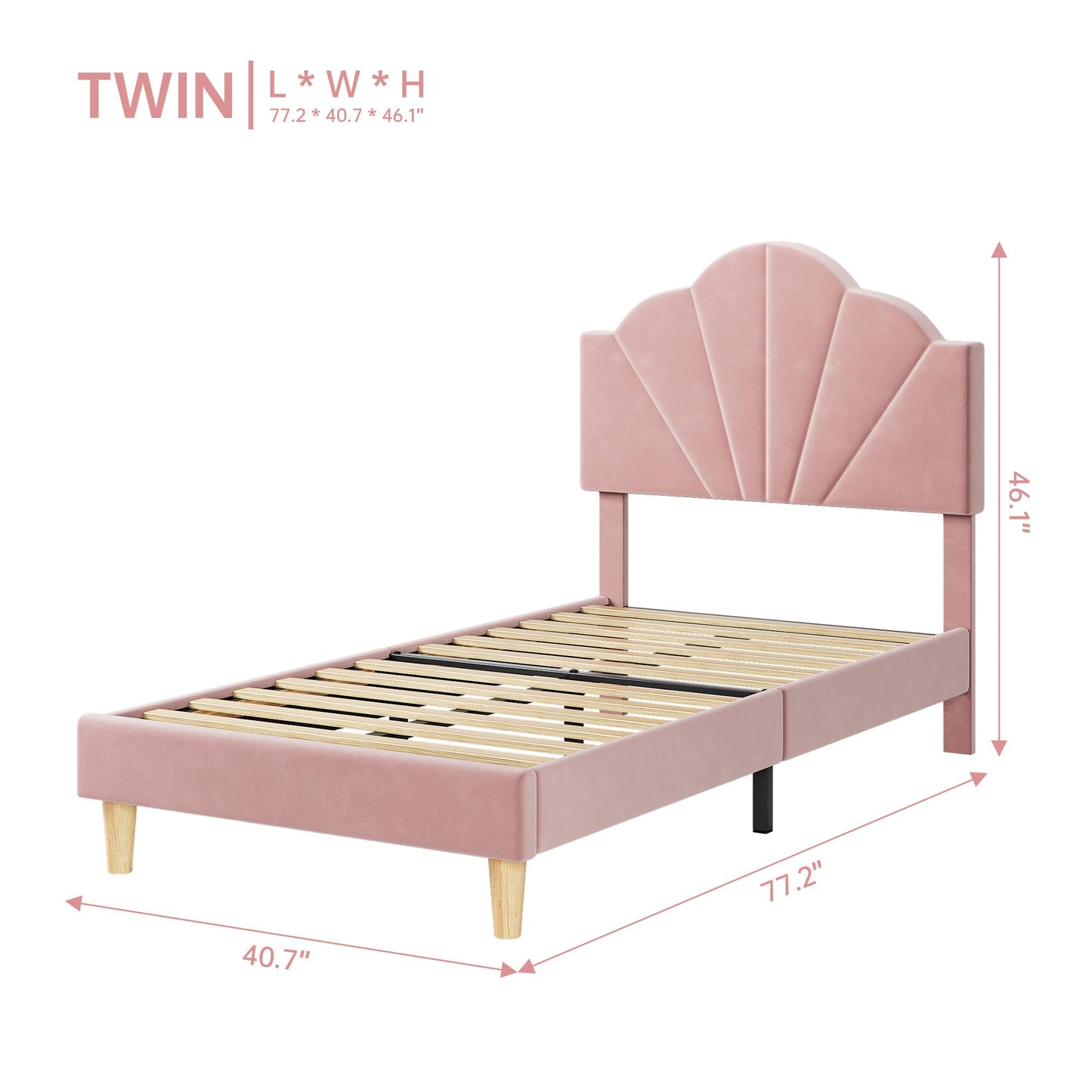 IDEALHOUSE Twin Bed Frame, Velvet Upholstered Platform Bed Frame with Height Adjustable Headboard for Boys & Girls, Wood Slat Support, Easy to Assemble, No Box Spring Needed, Light Pink