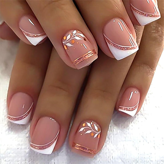 Stbisen French Press On Nails Short Square, Nude Fake Nails with White French Tip and Minimalist Purple and Gold Line Design, Glossy Gel Acrylic Nails, Natural Reusable Glue On Nails for Women, 30Pcs