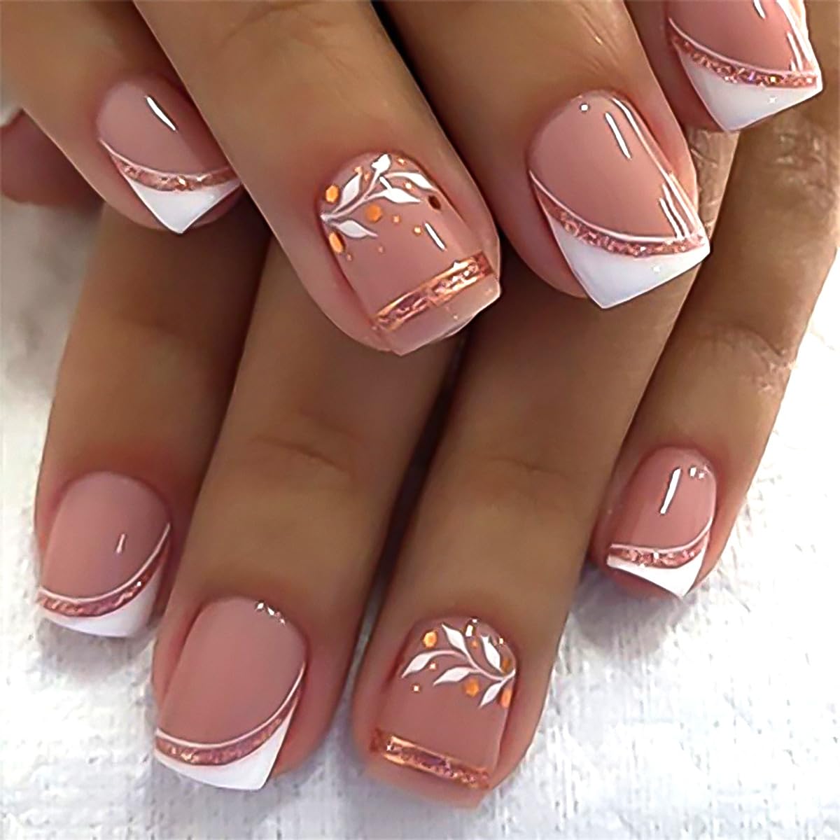Mivota French Press On Nails Short Square, Nude Fake Nails with White French Tip and Elegant Purple & Gold Line Design, Glossy Gel Finish Acrylic Nails Kit for Women, Reusable Glue-On Nails Set, 24Pcs