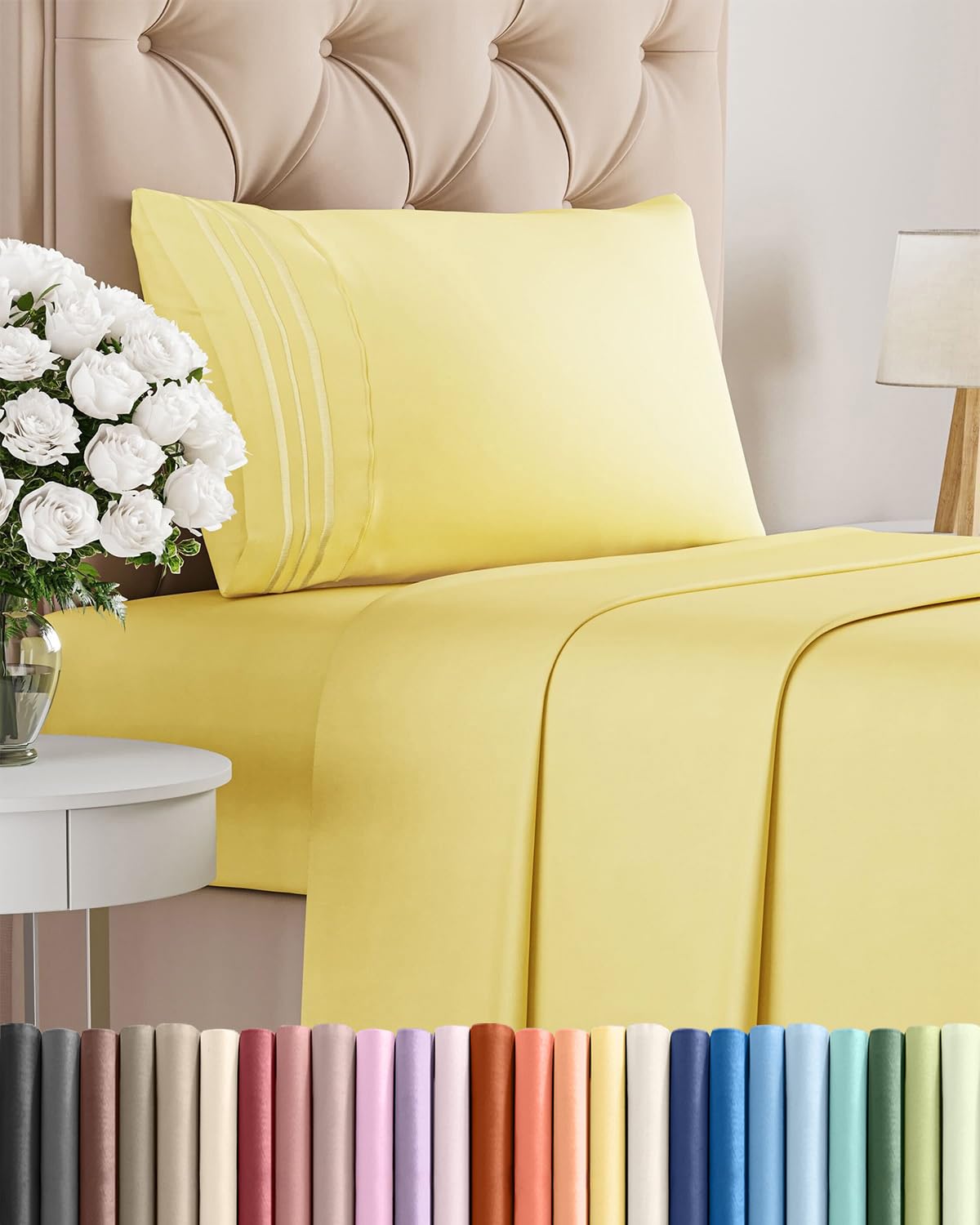 Twin Size 3 Piece Sheet Set - Comfy Breathable & Cooling Sheets - Hotel Luxury Bed Sheets for Women & Men - Deep Pockets, Easy-Fit, Extra Soft and Wrinkle Free Sheets - Yellow Oeko-Tex Bed Sheet Set