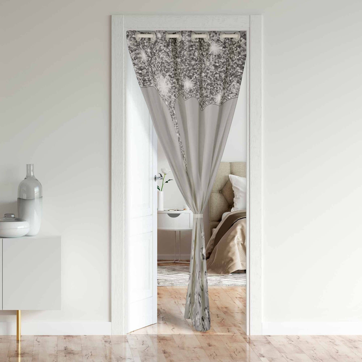 Glitter Print(No Glitter) Door Curtain for Doorway Privacy,Diamond Closet Door Cover Curtain for Bedroom,Silver Shiny 30%-50% Room Darkening Blackout Insulated Thermal Curtain,34x80 Inch 1 Panel