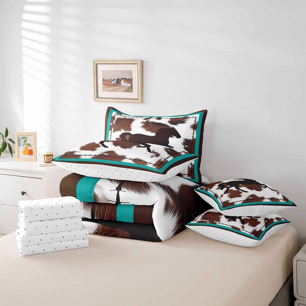 Feelyou Horse 7 Piece Bedding Set 7 Piece Bedding Set Rustic Western Cowboy Cowhide Print Comforter Cover Bedroom Decor Retro Farmhouse Horse Teal Blue Brown Queen Size