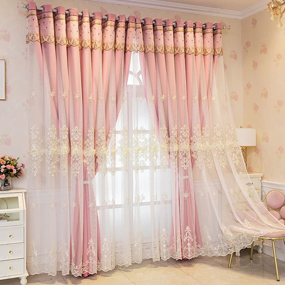 Amidoudou 1 Pair European Double Layer Curtains Luxury Embroidered Curtains for Living Room Bedroom (Pink,52x96 Inch)