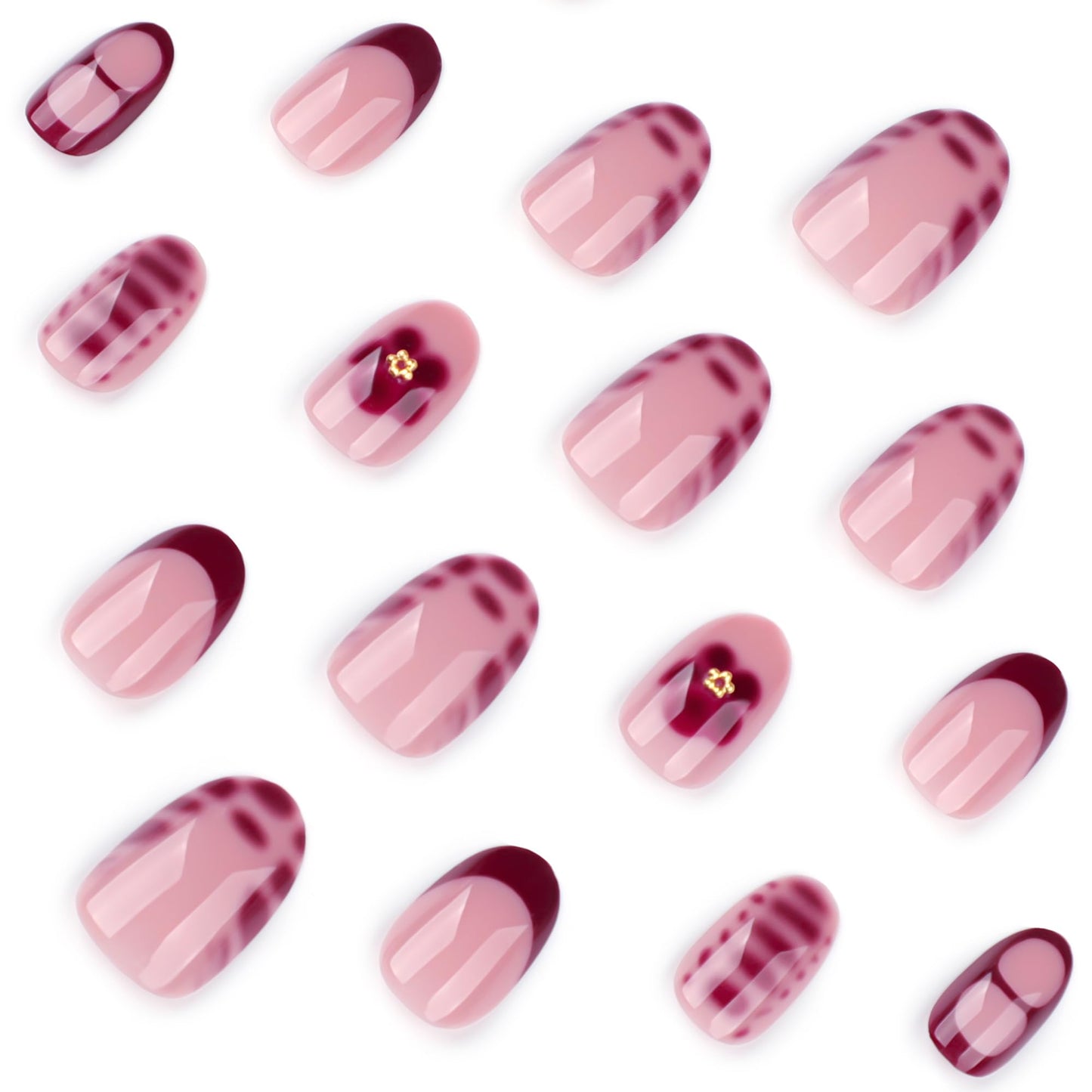 Stbisen Red Press On Nails Short Oval, Summer Fall Fake Nails with Red French Tips and Elegant Petal Accent Designs, Glossy Gel Finish Acrylic Nails, Thick Reusable Glue On Nails Kit for Women, 24 Pcs
