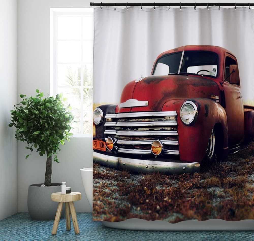 GoJeek Old Red Truck Shower Curtain Retro Rustic Red Truck Cars Bathroom Decor (72?x72?)