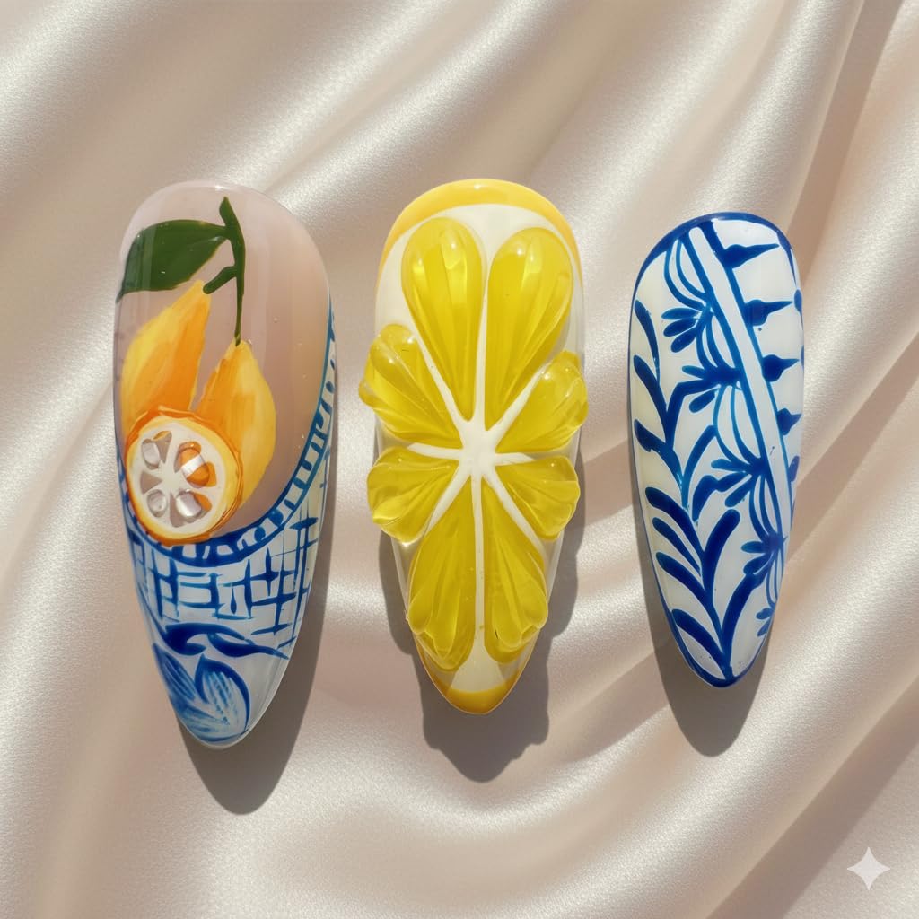 Handcrafted Press On Nails Italian Vacation Style Lemon & Blue Ceramic Pattern 100% Handmade Realistic Artistic Fake Nails With Adhesive Glue Tabs And Tool Gifts For Women (Lemon,Medium M)