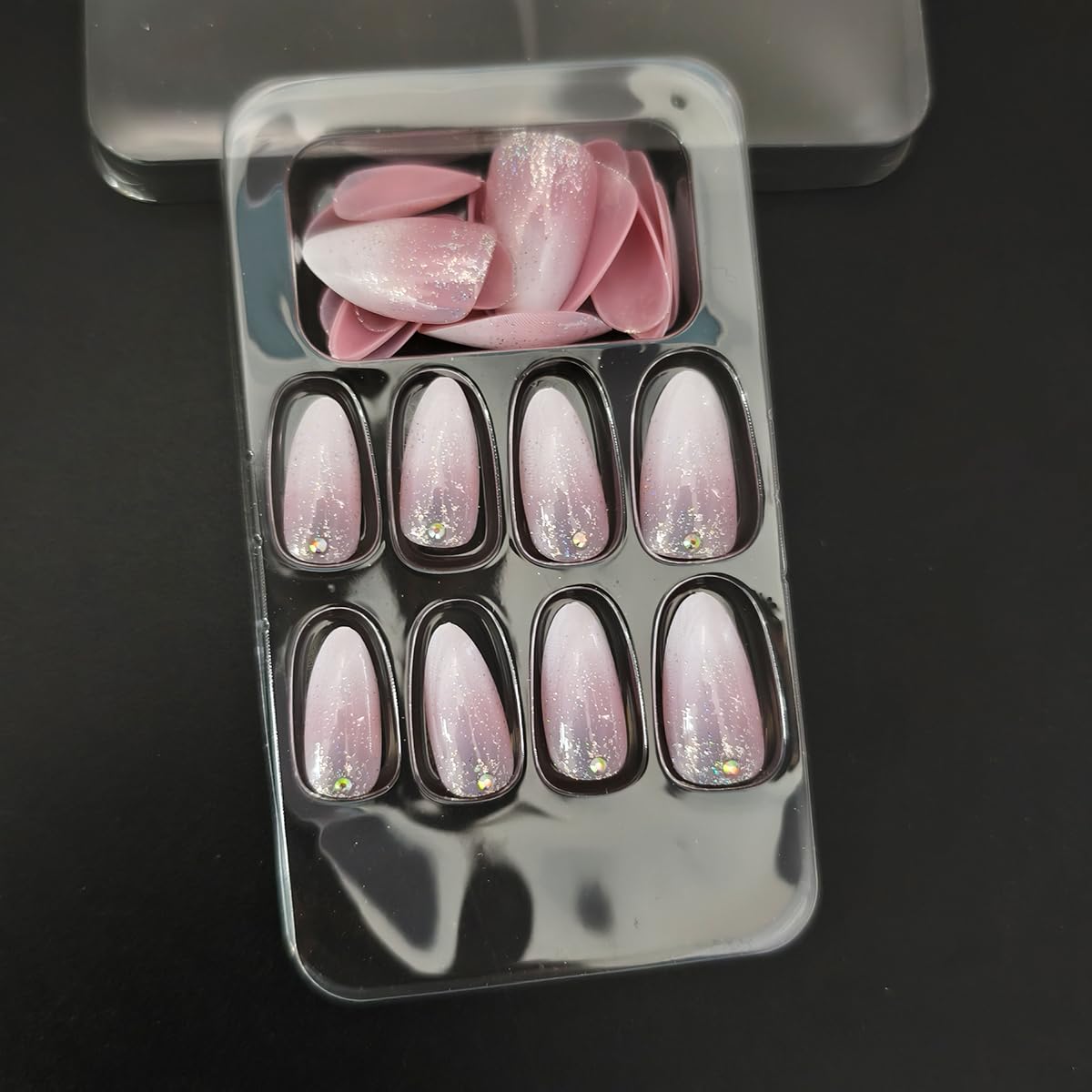 24Pcs Almond Press on Nails Short Nude Fake Nails with Sparkly Rhinestones Glitters Designs Pink White Gradient Glue on Nails Full Cover Acrylic False Nails for Women Manicure Decoration