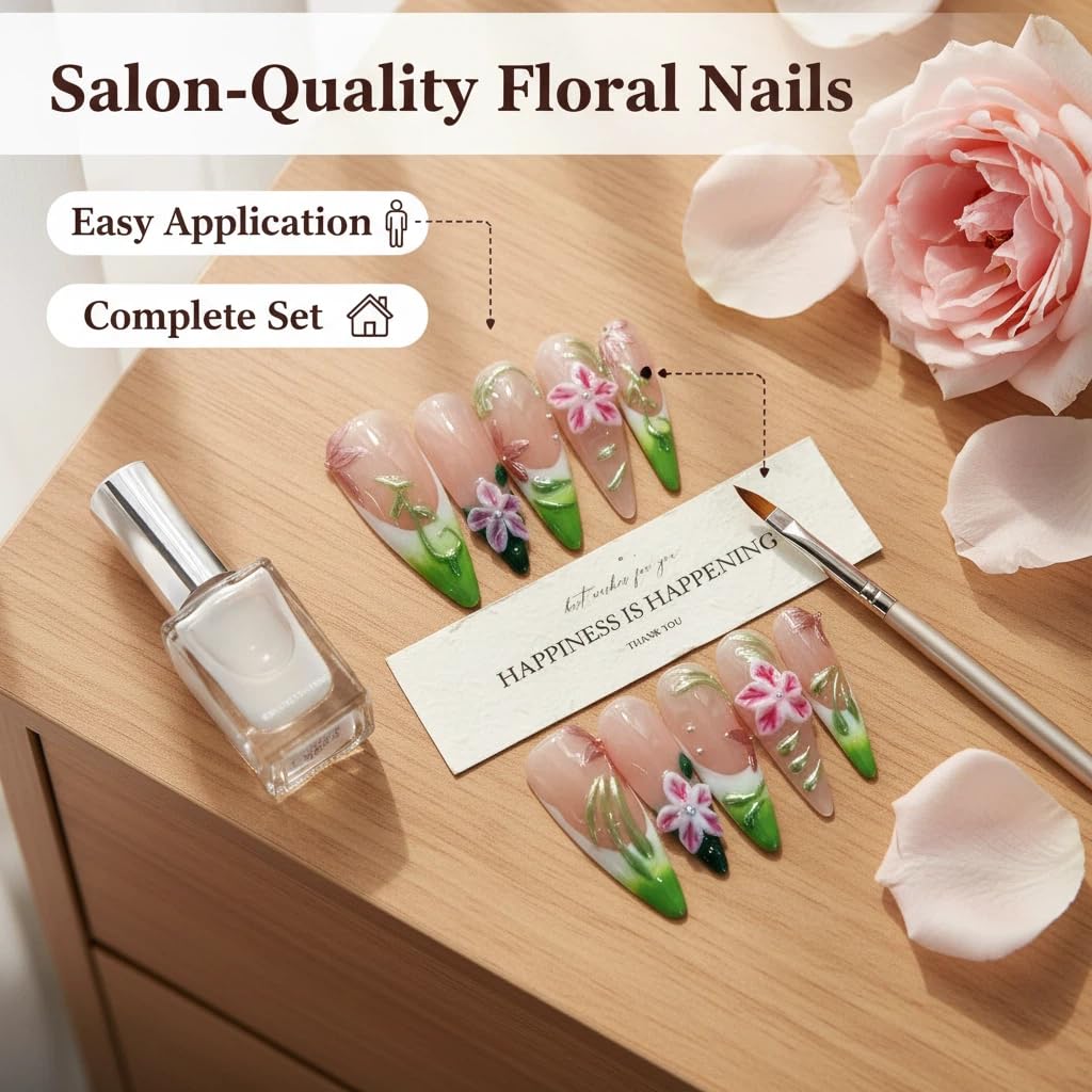 Handmade Press on Nails Long Stiletto False Nails French Tip Fake Nails with 3D Flower Designs Sparkly Green luxury Artificial Nails Reusable for Women 10pcs (Size M）