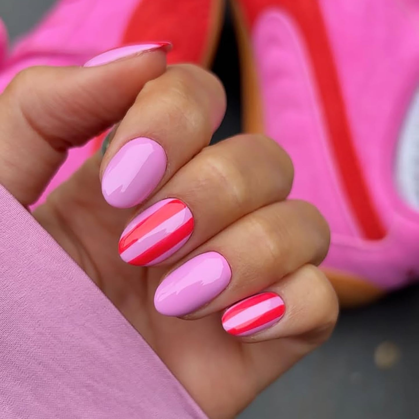 Almond Fake Nails Short Press On Nails Rose Pink Acrylic Nails Press Ons Full Cover False Nails With Glossy Stripe Designs Artificial Glue On Nail Reuseable Short Stick On Nail For Women