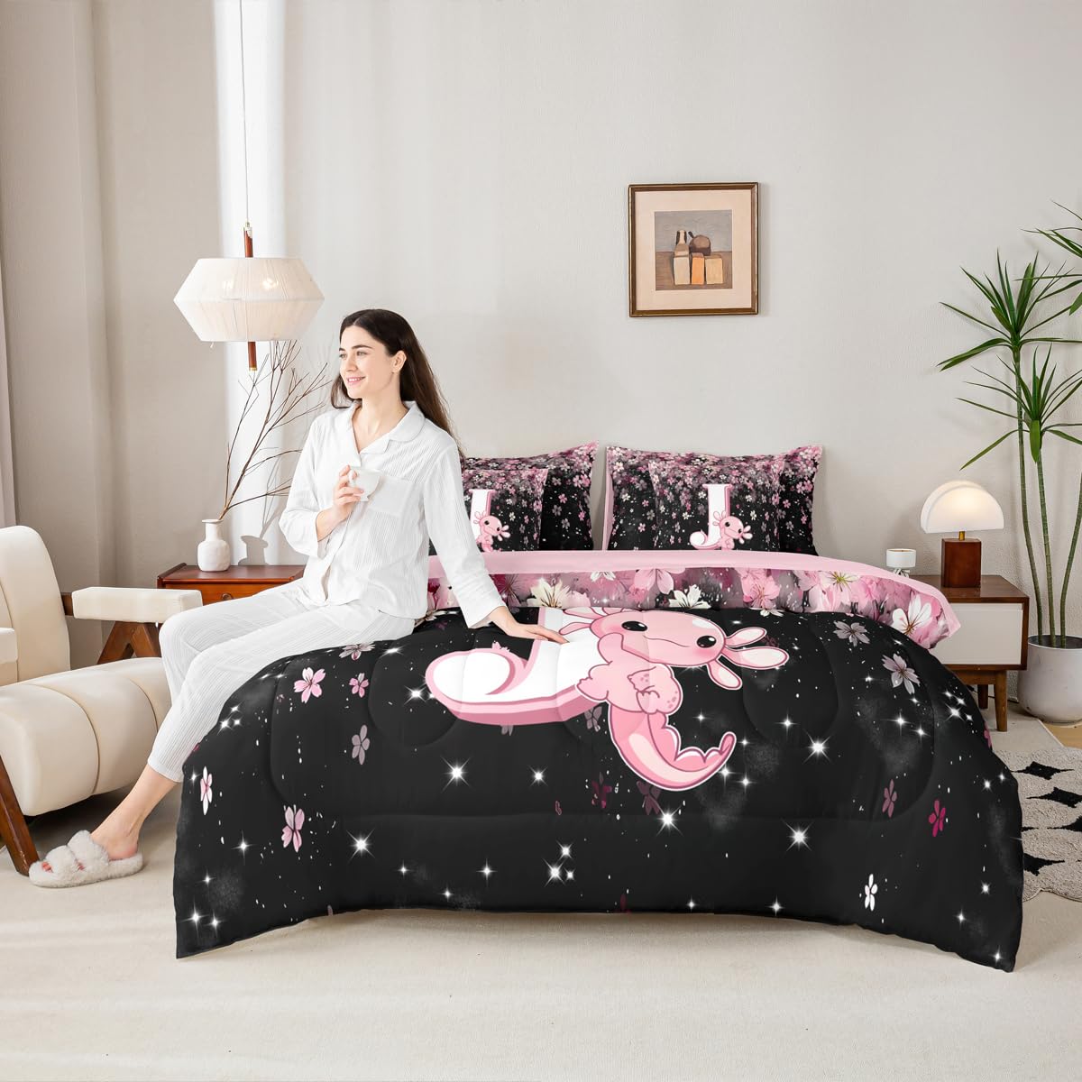 Erosebridal Twin Size Cute Axolotl Bed in A Bag 7 Pieces for Kids Girls Teens | Initial Letter J Comforter Set with Sheets Japanese Cherry Blossom Bedding Set with Flat Fitted Sheets (Pink and White)