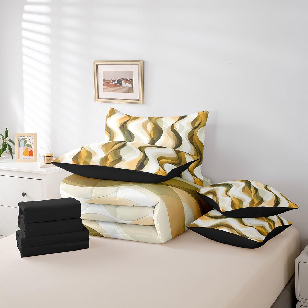 Erosebridal 7Pcs Lemon Yellow Queen Size Comforter Set,Boho Abstract Striped Bed in A Bag for Kids Teens Adults,Minimalist Modern Geometric Bedding with Bed Sheets,Mid Century Aesthetics Art Quilt