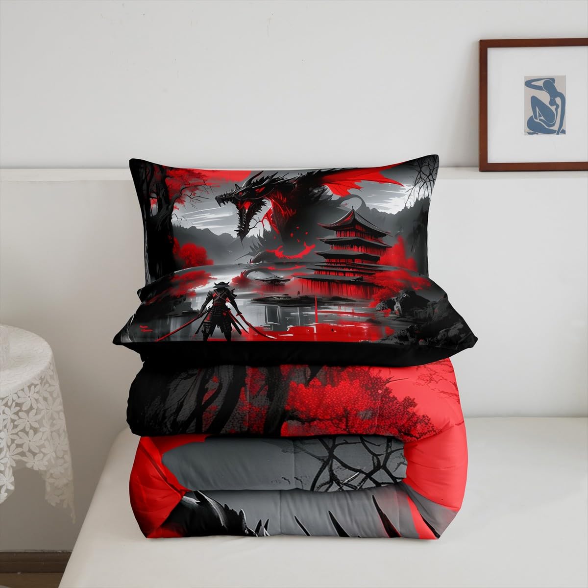 Erosebridal Japanese Style Twin Down Comforter Dragon Comforter Set Magical Animals Bedding Set Western Wildlife Theme Quilt for Boys Kids Teens Adult Bedroom, with 1 Pillow Cases