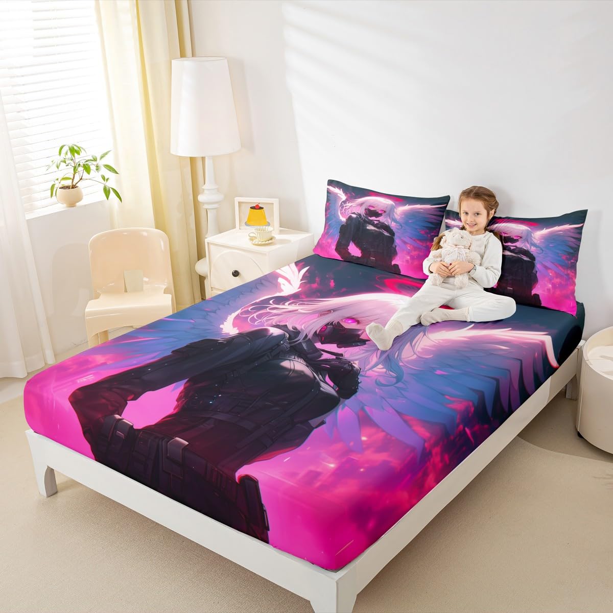 Erosebridal Full Japanese Anime Bedding Set Anime Girl Fitted Sheet for Kids Girls Teens Men Bedroom, Cartoon Girl Bed Sheets Kawaii Japanese Animation Sheets 3 Piece with 2 Pillow Cases