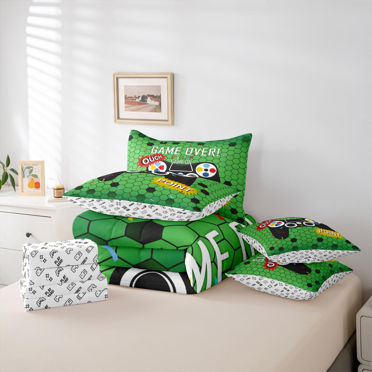 jejeloiu Gamer Comforter Set with Sheets 7 Piece Twin Size Gaming Bedding Set for Kids Boys Girls Game Room Decor Bed in a Bag Room Decor Soft Lightweight Microfiber