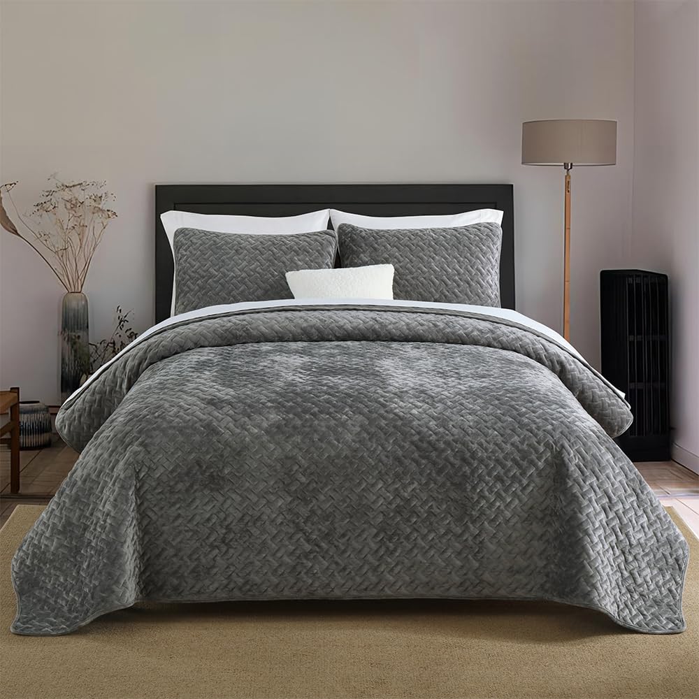 Liians Velvet Bedspread Quilt Bedding Sets,Luxury Elegant Ultra Soft Velvet Comforters Coverlet Blankets,Weave Stitching Pattern Cotton Quilted Bedspread for All Seasons,Grey,King Size