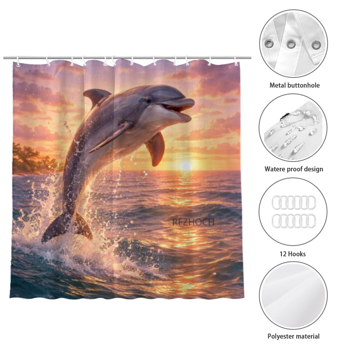 REZHOCH Coastal Funny Dolphin Shower Curtain 72x72 Inch,Cute Animal Sunset Beach Flowers Ocean Seaside Home Bathroom Decor Fabric Waterproof Bath Bathtub Set with 12 Hooks