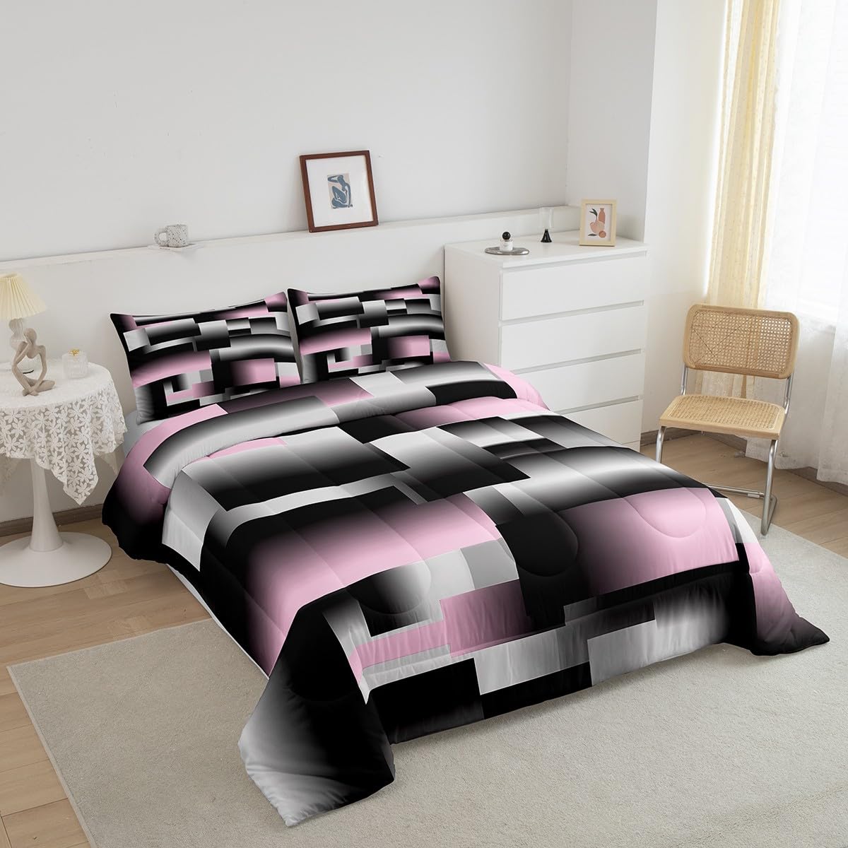 jejeloiu Modern Abstract Comforter Set Queen Size Pink Gray Black White Geometric Art Comforter Rectangle Room DecorBedding Set Quilt 3Pcs Duvet Set Boys