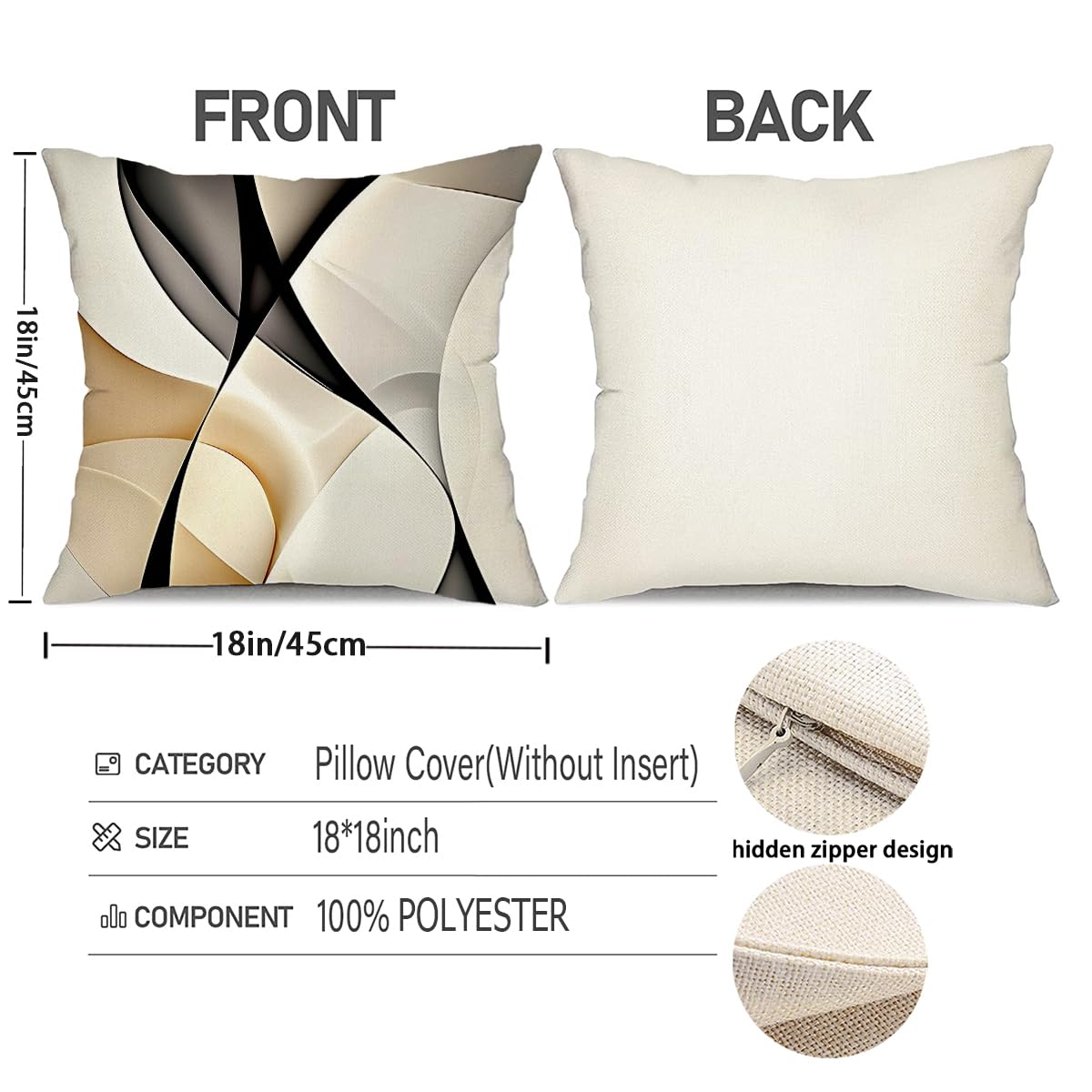 LSMIAO Modern Abstract Geometric Throw Pillow Cover, 18x18 inch, White Black Gold, 100% Polyester, Hidden Zipper, Set of 4