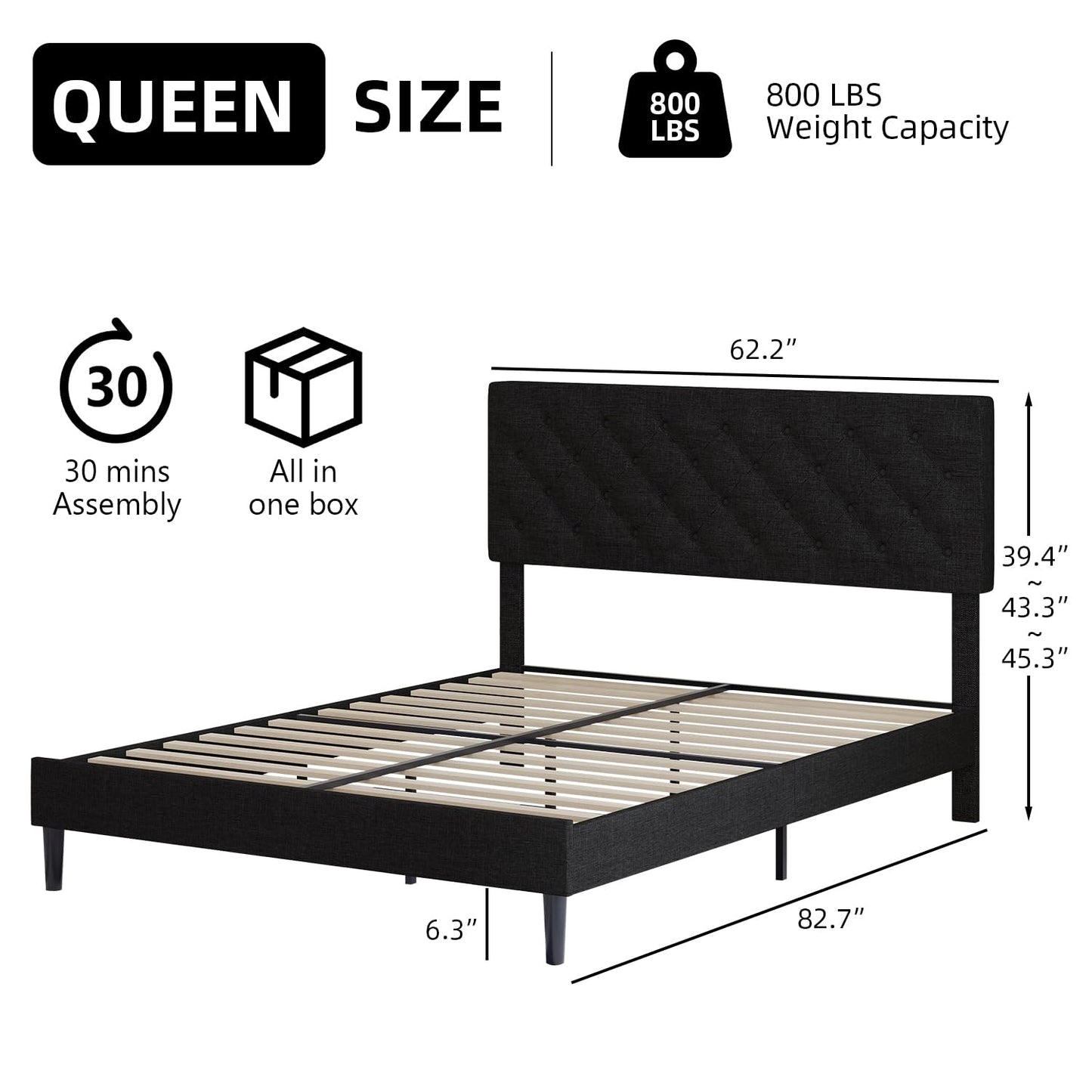 BarnFurin Queen Bed Frame, Upholstered Platform Bed with Button Tufted Headboard, Fabric Bed Frame with Wooden Slats Support, No Box Spring Required, Easy Assembly, Black