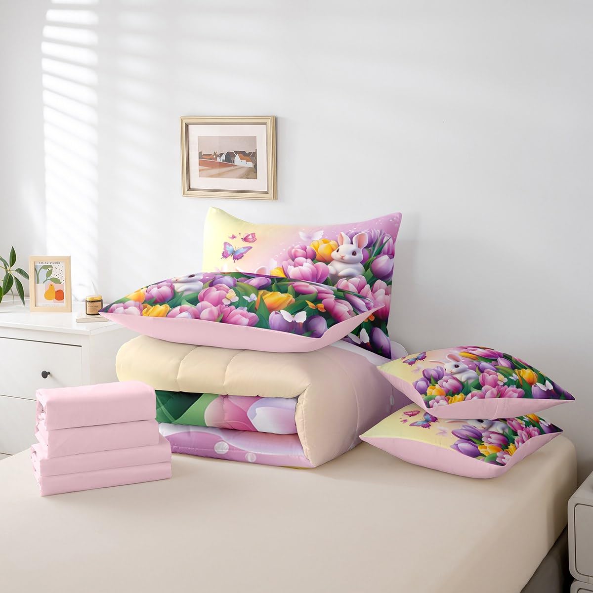 Erosebridal Pastel Tulip King Comforter Set 7 Piece Spring Tulip Flowers Bedding Set Pink Purple Garden Floral Bed in A Bag Cute Kawaii Rabbit Sheet Set with Comforter for Kids Boys Girls
