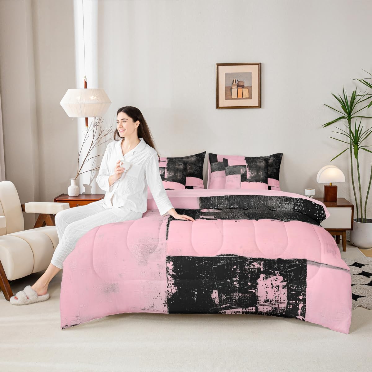 Feelyou Abstract King Comforter Set with Sheets for Kids Boys Girls Modern Abstract Art 7 Pieces Bedding Set Luxury Bed in a Bag Geometric Room Decor Black Pink Soft Lightweight Microfiber