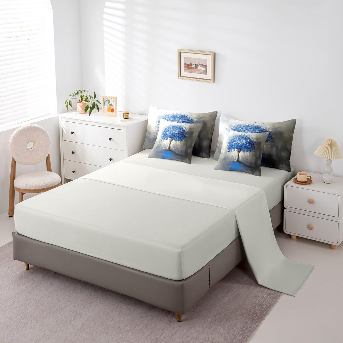 Blue Tree Branches Pattern 7 Pieces Bedding Set Twin Size Kids Leaf Branches Bed in a Bag with Comforter, Sheets, Pillowcases Fallen Leaves Bed Set Breathable Botanical Room Comforter Set with Sheets
