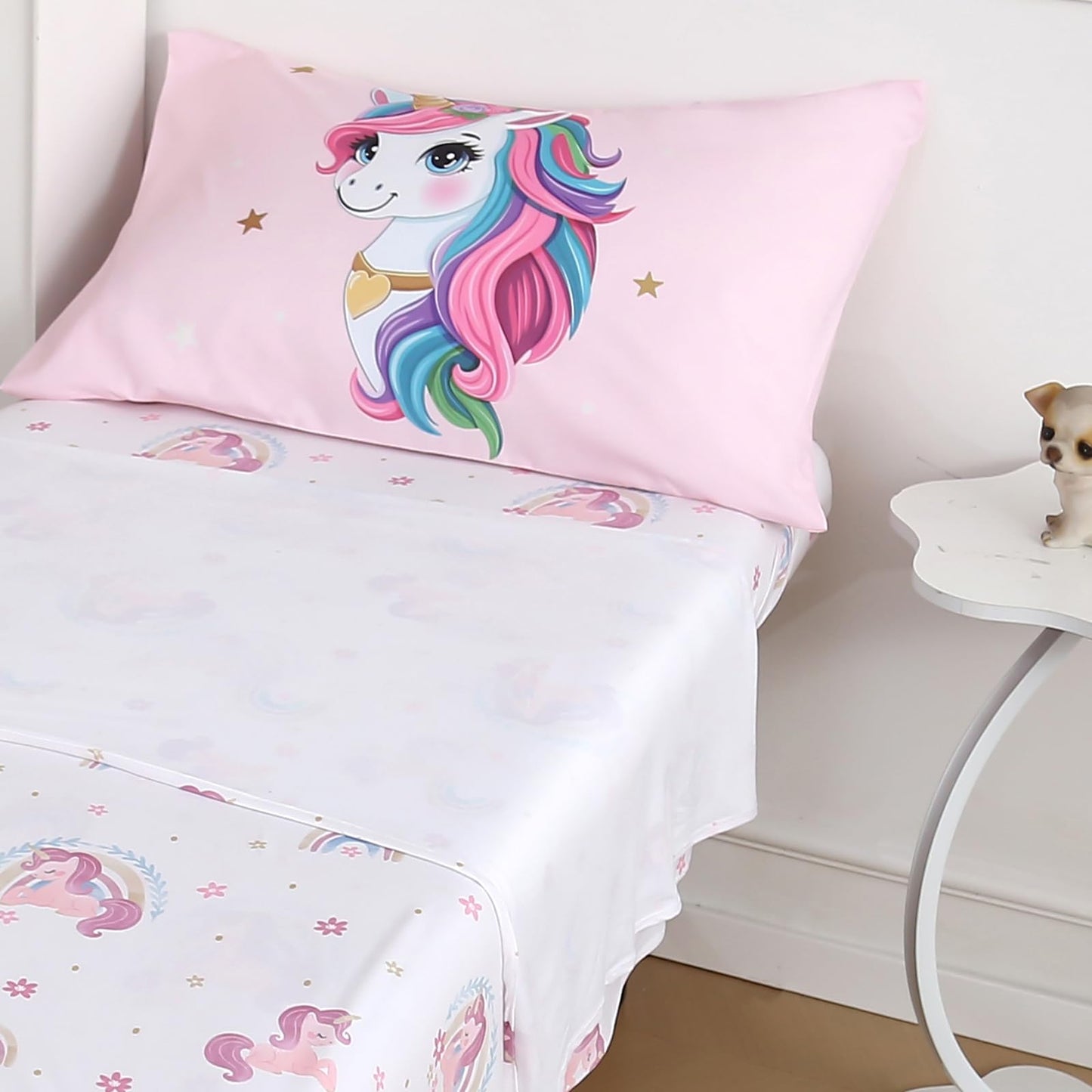 Dormlony 4 Piece Toddler Bedding Set - Ultra Soft Breathable Toddler Bedding Set for Girls, Includes Quilted Comforter, Flat Sheet, Fitted Sheet and Pillowcase(Unicorn)