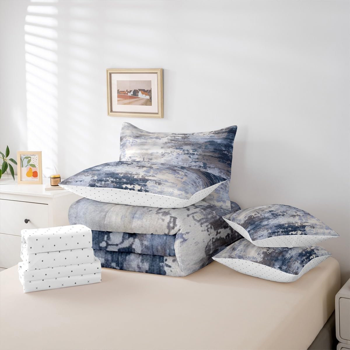 Erosebridal Watercolor Comforter Set 7 Pcs,Modern Abstract Bedding Set for Girls Boys Kids Teens,Navy Blue Tie Dye Ombre Bed in A Bag,Contemporary Grunge Aesthetic Sheet Set (Navy Blue Grey,King)