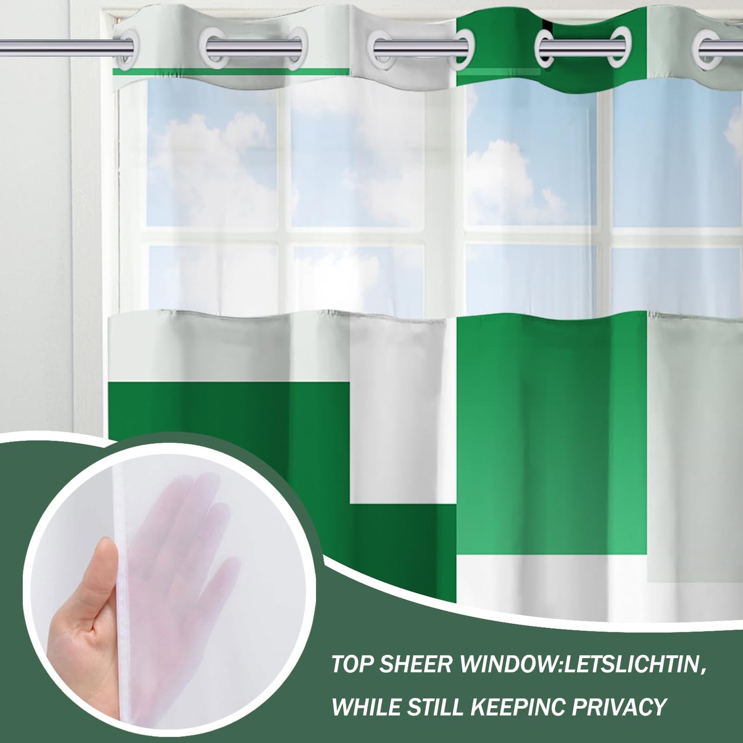 Green Hookless Shower Curtain Set with Snap in Liner, Green White Bathroom Decor, 71x74 Inches, Geometric Bathroom Curtain with Liner and See Through Top Window