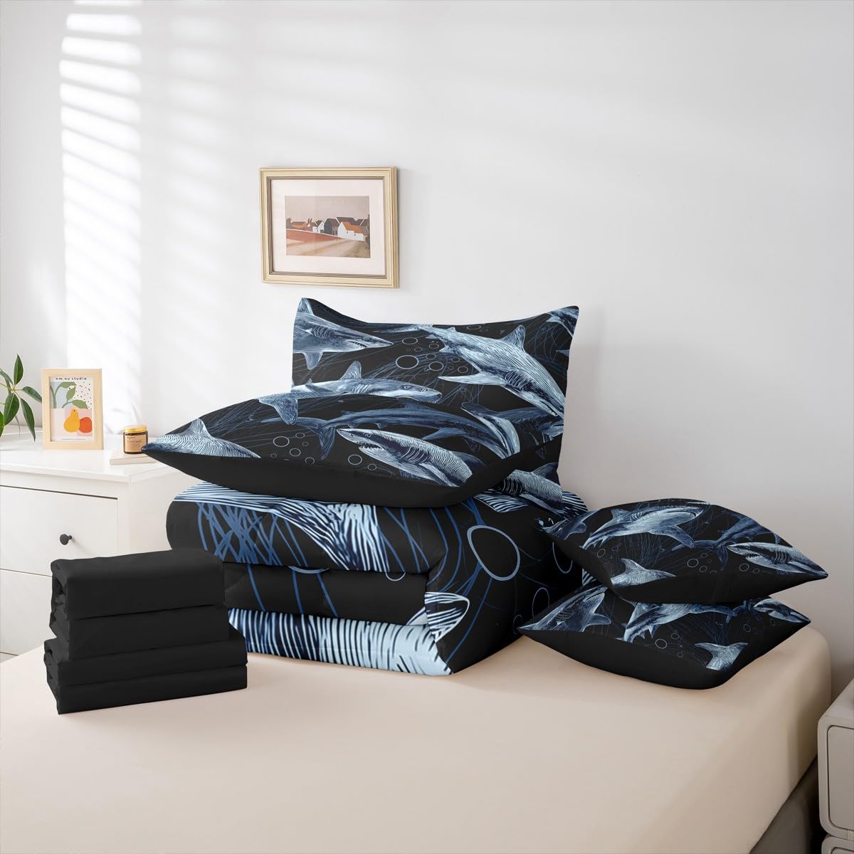 Erosebridal Shark Comforter Set Ferocious Shark Bed in A Bag Full Size 7 Pieces Underwater World Oasis Bed Set Sea Ocean Animal Bedding