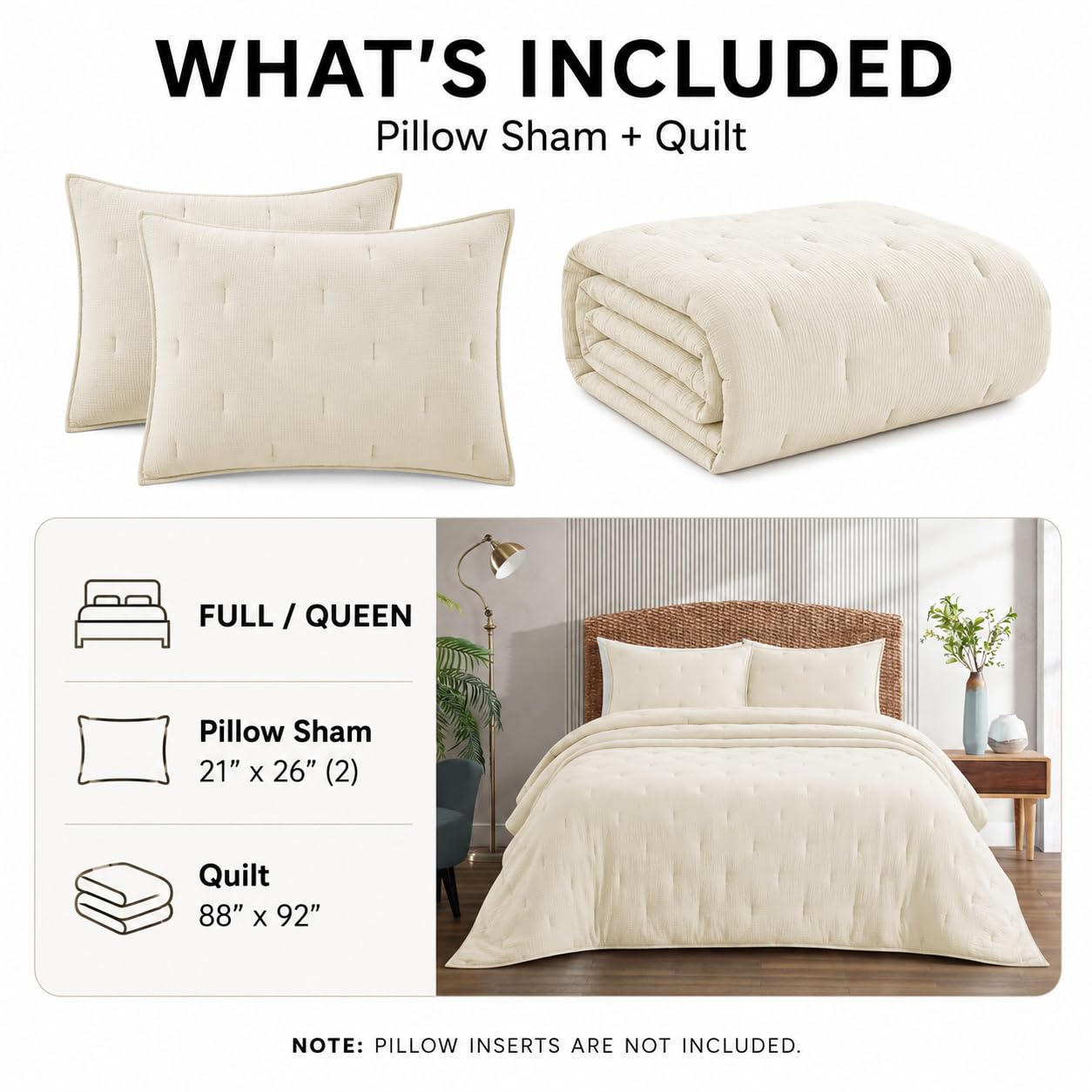 COZYXWORLD Pre-Washed 100% Cotton Muslin Gauze Comforter Set, 3 Piece Full/Queen Quilt Set, Duvet Insert with Corner Loops, 1" Line Quilted, Ivory