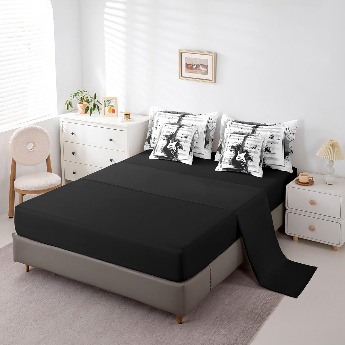 Feelyou Music 7 Pieces Bedding Set Queen Size Guitar Comforter Set with Sheets for Kids Boys Girls Rock Music Bed in a Bag Guitar Instruments Bed Set