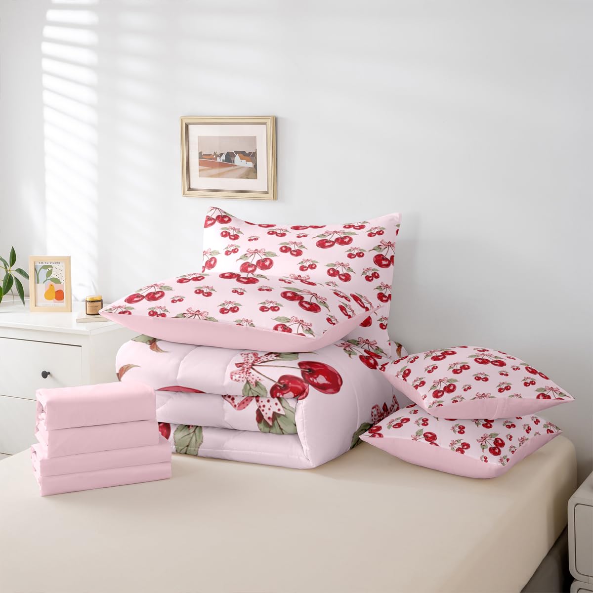 Feelyou Red Cherry Comforter Set with Sheets 7 Piece Twin Size Pink Bowknot Bed in a Bag Kids Boys Girls Cartoon Cherry Bedding Set Cute Bow Bedroom Decor Breathable Soft Lightweight Microfiber