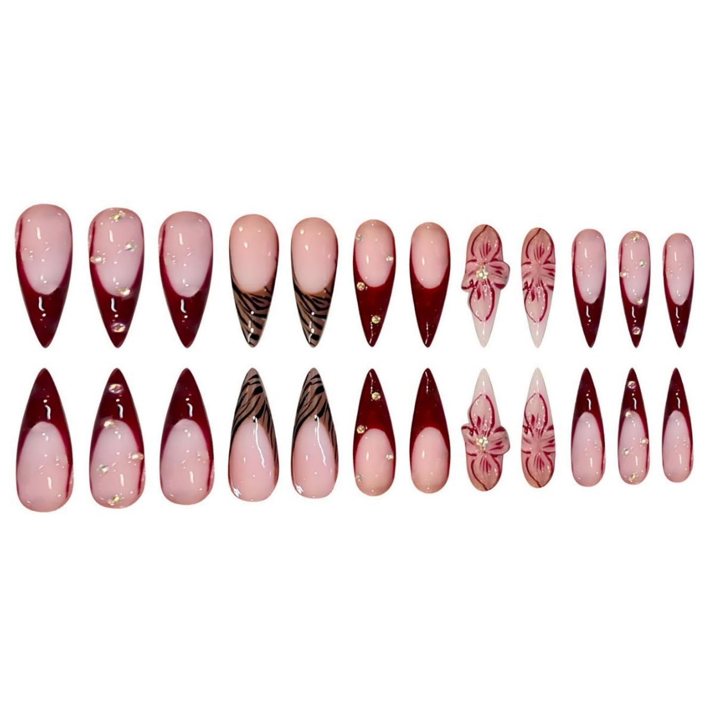 Long Press on Nails Stiletto Fake Nails French False Nails Brown Artificial Nails with Pink Flowers Designs Leopard Handmade Nails 3D Floral Stick on Nails for Women 24pcs
