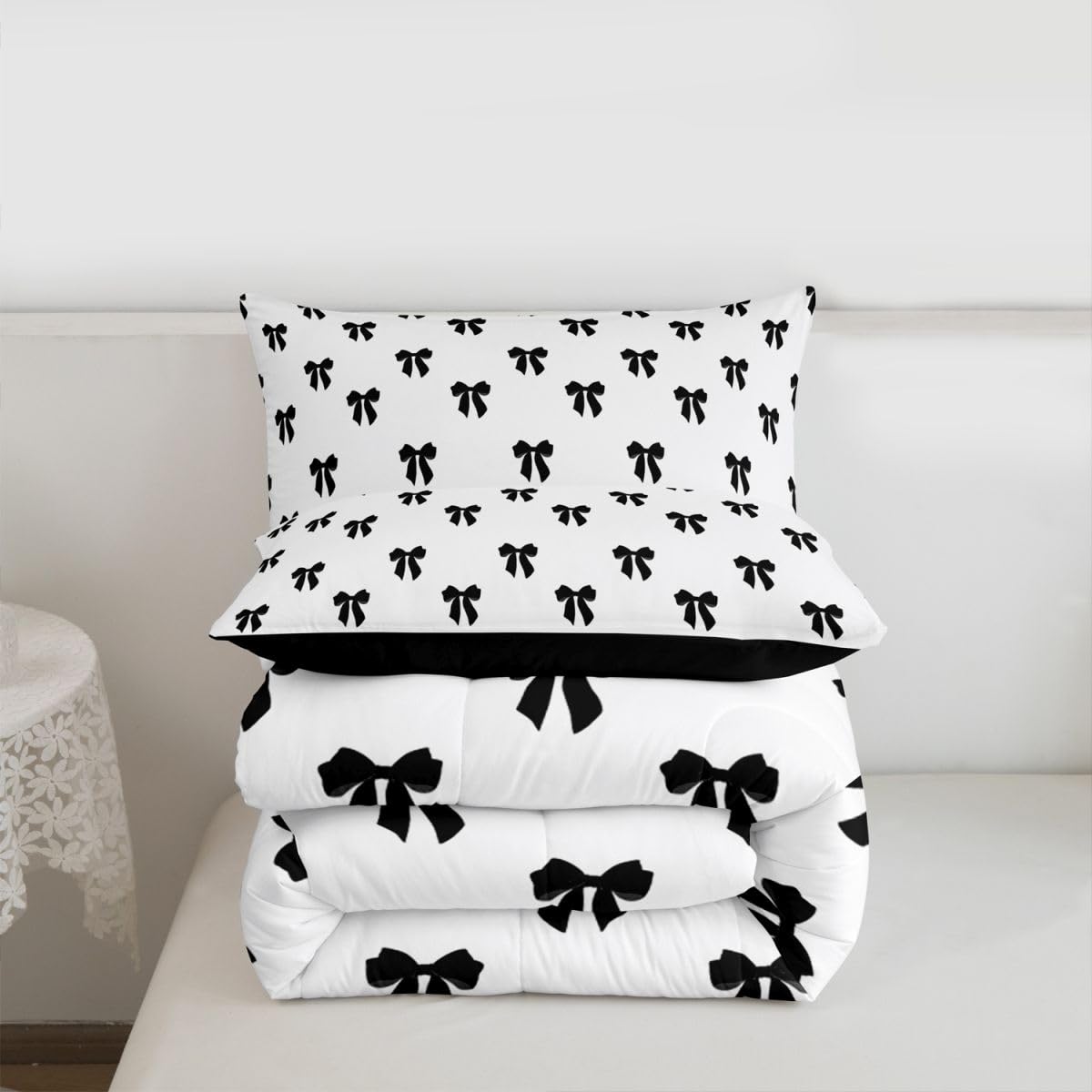Erosebridal Black Bow Comforter Set Queen Size Coquette Bows Bedding Set for Kids Teen Girls Women Bedroom Cute Preppy Bowknot Comforter Modern Trendy Girly Aesthetic Quilt Duvet