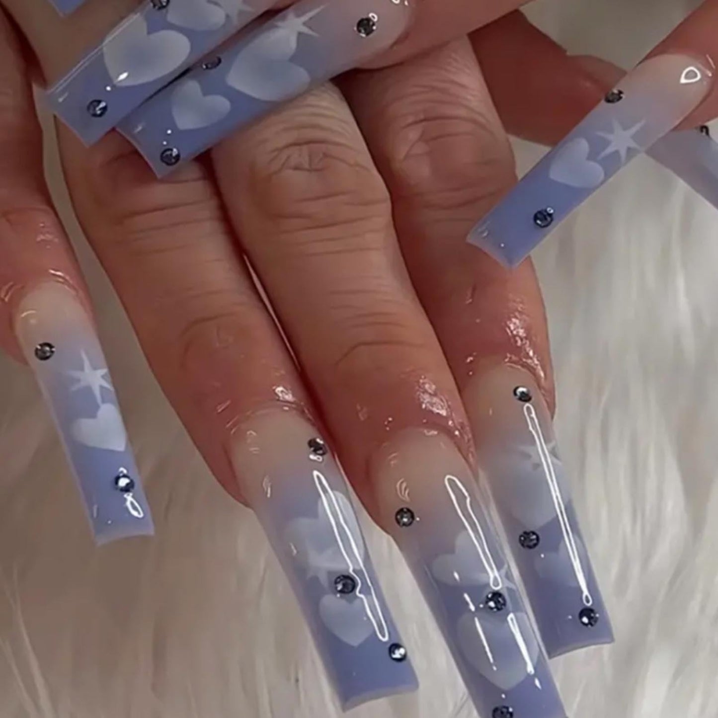 Gifiky Gradient Fake Nails Long Coffin Press on Nails Love Heart Pattern Nails Tips Acrylic Full Cover False Nails Blue for Women and Girls 24Pcs