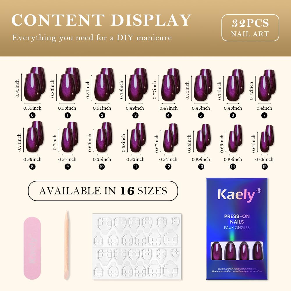 evpct Dark Purple Cat Eye Coffin Press on Nails Medium Square No Glue, Medium Square Stick on Nail for Women, Dark Purple Metallic Glitter Glossy Reusable Soft Press on Acrylic Fake Nail with Design