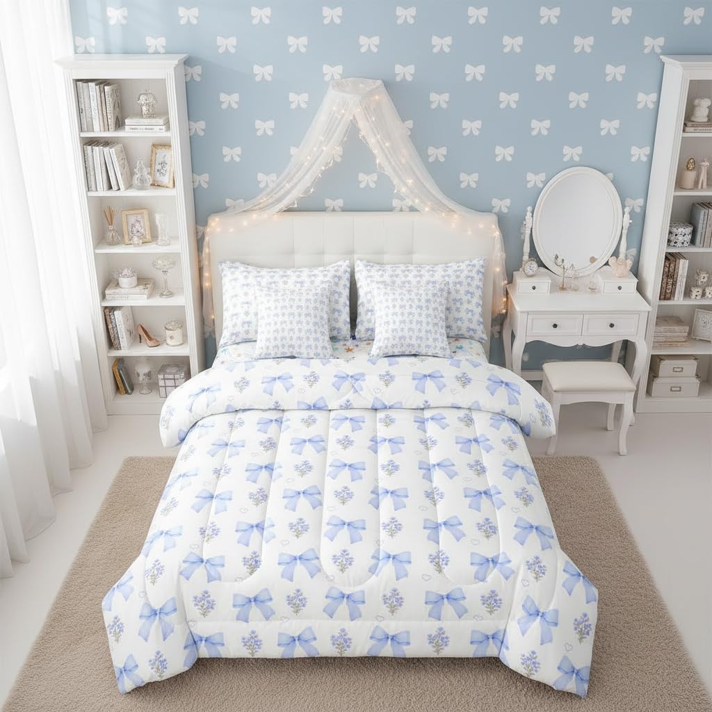 Erosebridal Bow 7 Piece Comforter Set King Bed in a Bag for Girls Kids,Girly Blue Floral Coquette Bedding Sets for Child Bow Knot Ribbon Heart Quilt Dreamy Princess Style Sheet Set with Comforter