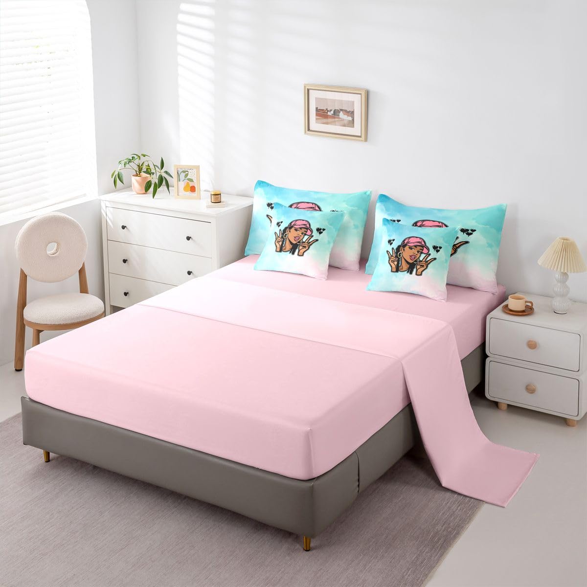Erosebridal Cute Black Girl Twin Size Bedding Set Hip Hop Pink Hat Y2K 7 Pieces Comforter Set with Sheets for Teens Women Cool African American Bed in a Bag Tie Dye Gradient Pastel Bed Sets