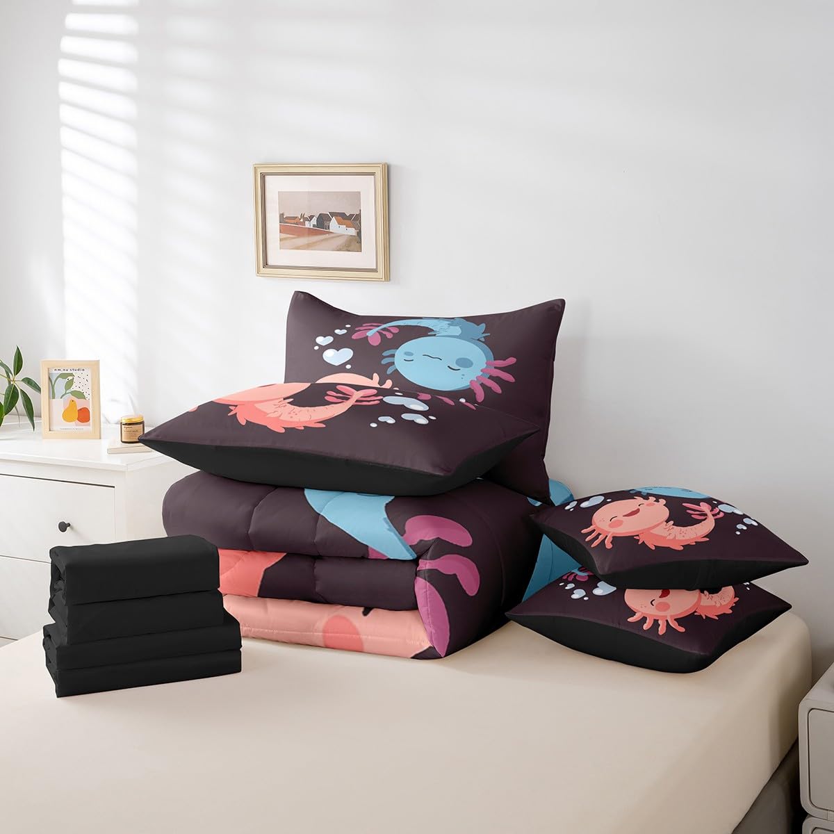 Erosebridal Kawaii Comforter Set 7 Piece Bed in a Bag Twin,Cute Cartoon Axolotl Bedding Sets Sealife Wildlife Reptile Comforter and Sheet Set,Lovely Nautical Sea Animal Pet Bed Set