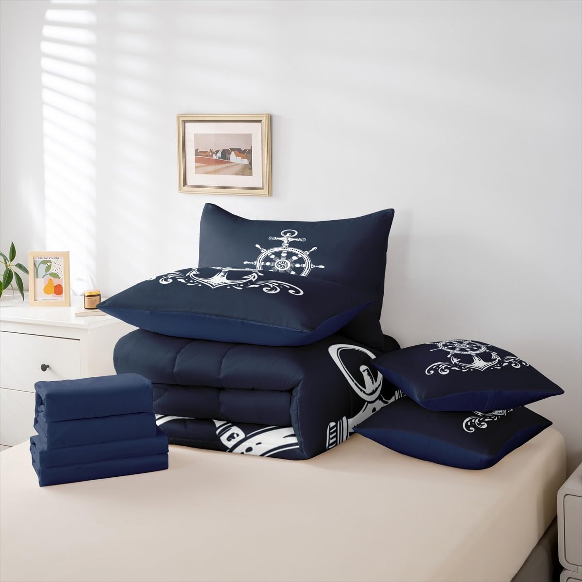 Erosebridal Nautical Anchor 7 Pcs Comforter Set Twin Size Ocean Sailboat Bedding Sets for Kids Boys Teens Adult Navy Blue Ocean Theme Bed in A Bag Coastal Compass Sheet Set