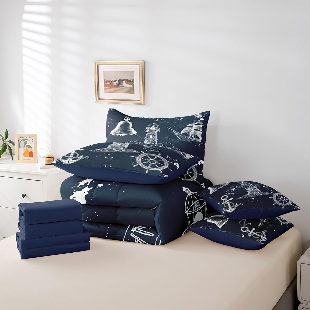 Erosebridal Nautical Theme Sketch Comforter Set 7 Piece Bed in a Bag Twin,Ocean Retro Sailboat Bedding Sets Pirate Boat Anchor Steering Wheel Compass Sheet Set with Comforter