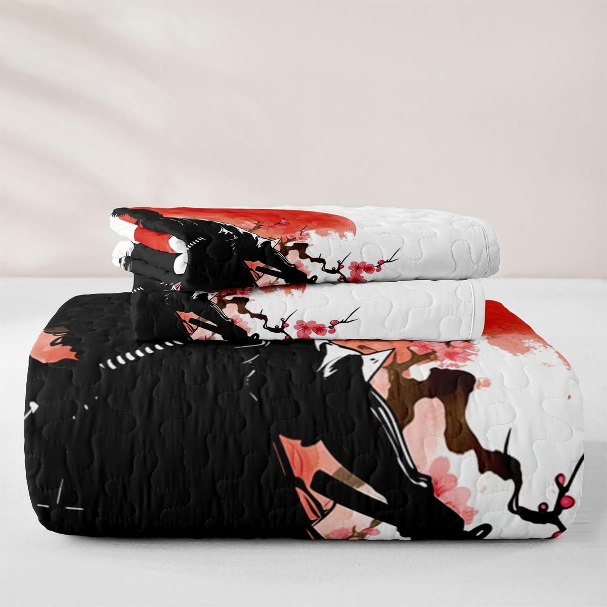 Erosebridal Samurai Quilts Twin Size - Japan Warrior Bedspread Coverlet Set, Red Sun Quilt Coverlets 2Pcs (Only 1 Pillowcase)