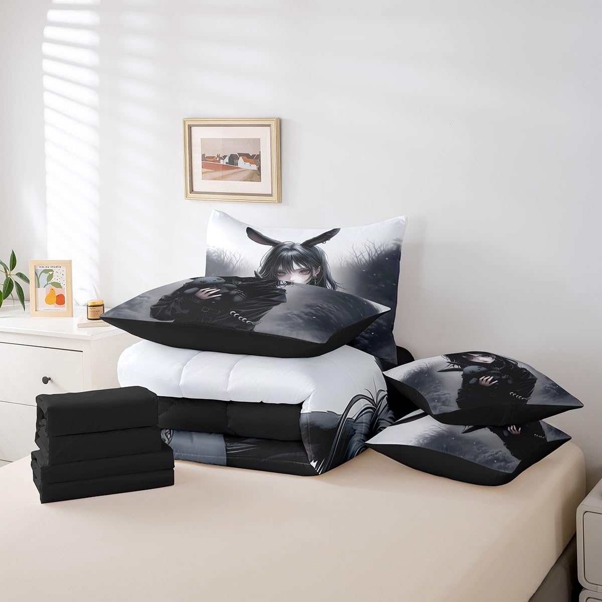 Anime Comforter Set 7 Pieces 3D Japanese Girl Bedding Set Twin,Anime Gifts Sheet Set for Girls,Gothic Cartoon Rabbit Print Sheet Set With Comforter Exotic Style Bed In A Bag for Room Decor,Black