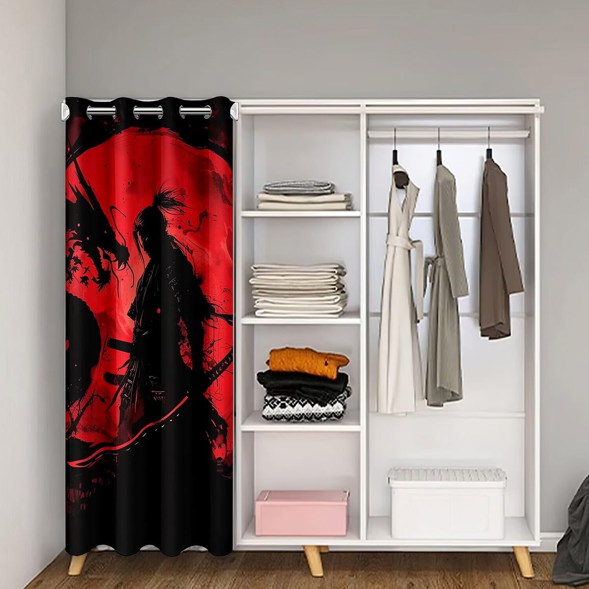 jejeloiu Japanese Samurai Warrior Door Curtain for Doorway Window 34" x 80" Samurai Thermal Insulated Temporary Room Dividers Sunset Closet Cover Black Dragon Bedroom Living Room Microfiber