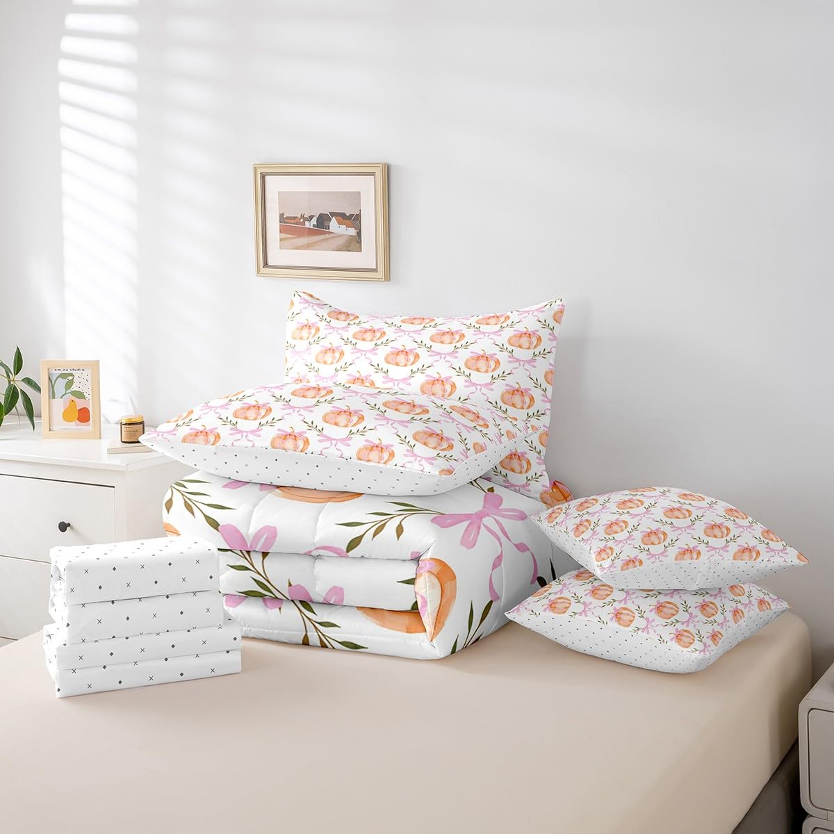 Castle Fairy 7 Pieces Fall Pumpkin Comforter Set Full Size,Pink Bow Grid Bedding Sets Kids Girls Boys Women Palm Leaves Nature Botanical Quilt + Fitted & Flat Sheets + 2 Cushion Cover + 2 Pillowcases