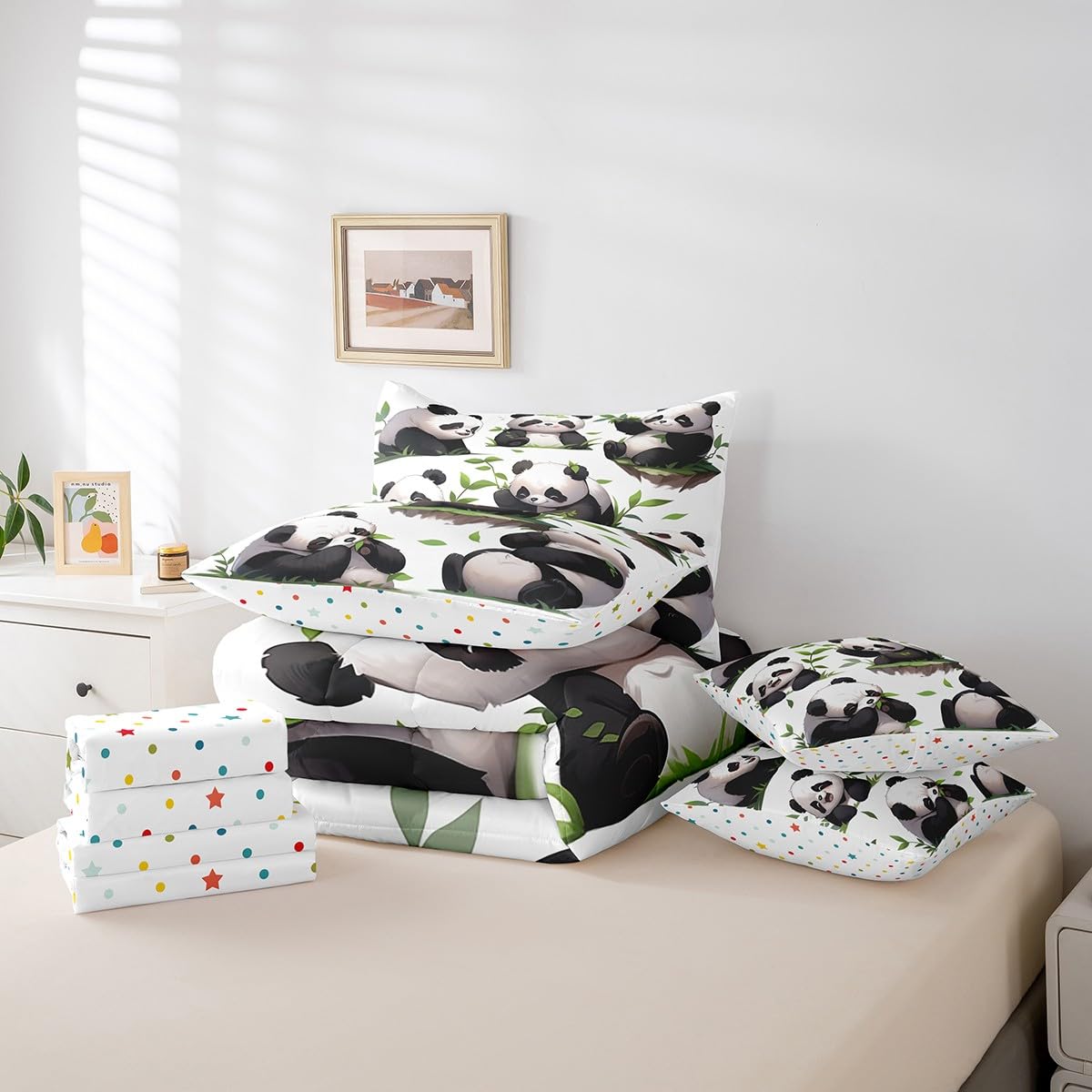Erosebridal Kawaii Panda Bedding Set King Size, Lovely Animal Theme Comforter Set, Wildlife Cute Panda Kids Teens (Comforter+Fitted+Flat Sheet+2 Pillowcases+2 Throw Pillow Covers) 7 Pieces Bed Set