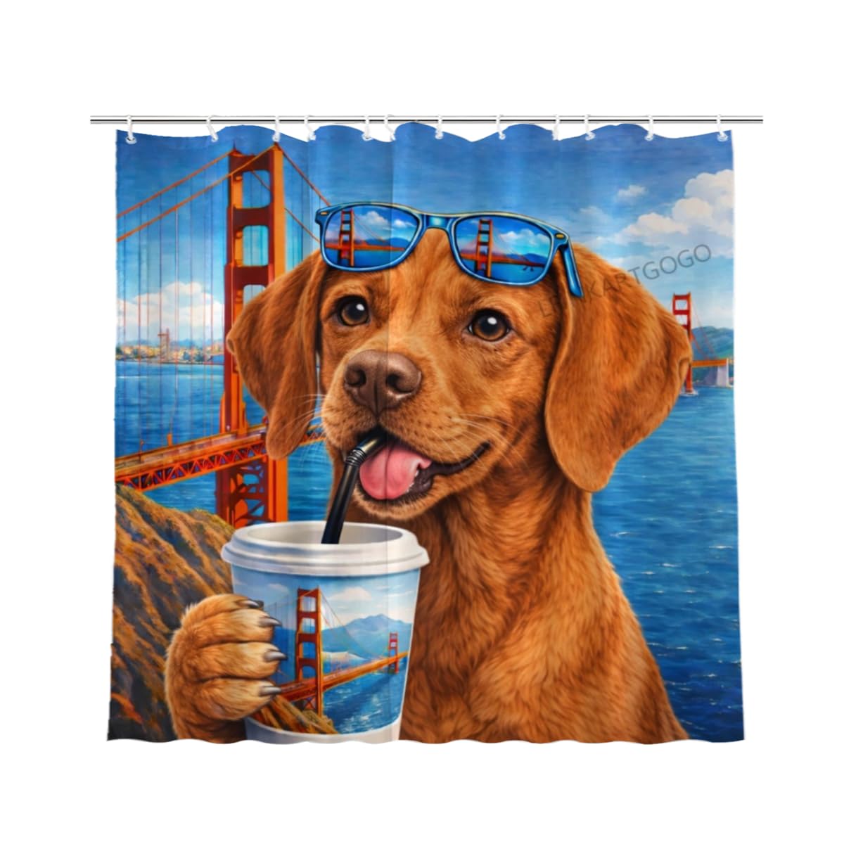 LFINKARTGOGO Golden-Gate-Bridge Vizsla-Dog Shower Curtain 72x72 Inch with 12 Hooks Coastal Cityscape Bathroom Decor Cute Puppy Waterproof Washable Polyester Bath Curtain