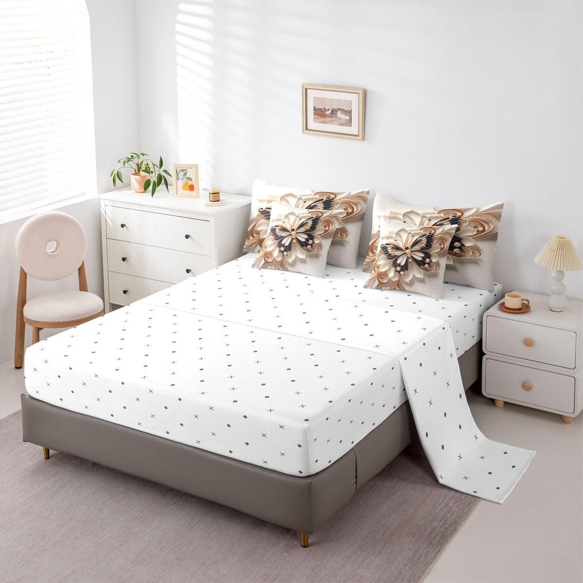 Erosebridal Luxury Butterflies Print 7 Piece Bedding Set Twin Floral Butterfly Print Comforter Set with Sheets Gold Dreamy Bed in a Bag 3D Pearl Flower Bed Sets Comforter